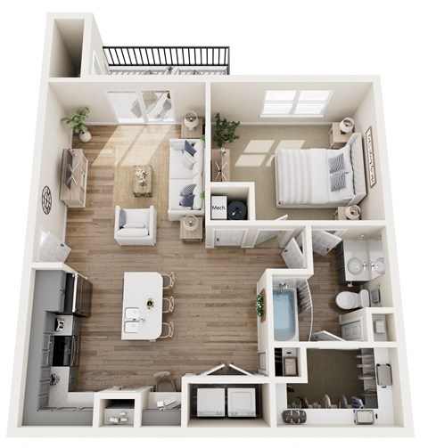 a 3d rendering of a floor plan with a bedroom and living room